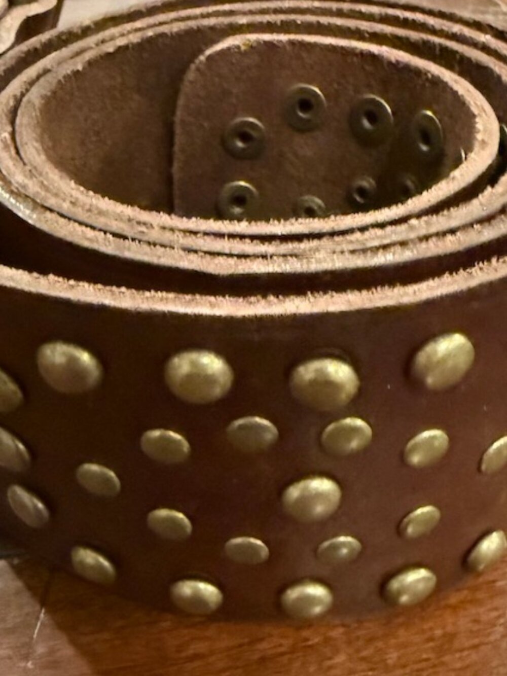 Thick Studded Brown Leather Belt Size Large - Picture 4 of 5